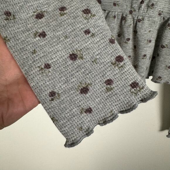 Kirious Babydoll Top Large Gray Floral Waffle Knit Long Sleeve Crop Fairycore - Picture 8 of 12